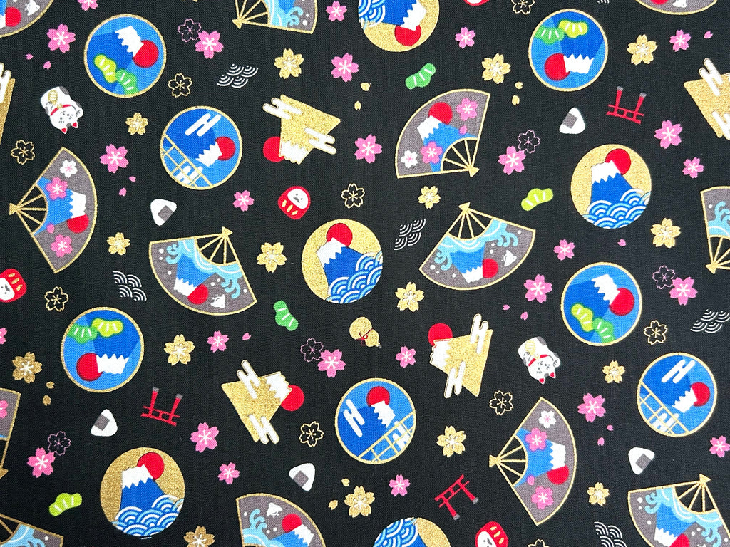 Japanese Cotton Fabric – Mount Fuji, Sakura & Maneki Neko