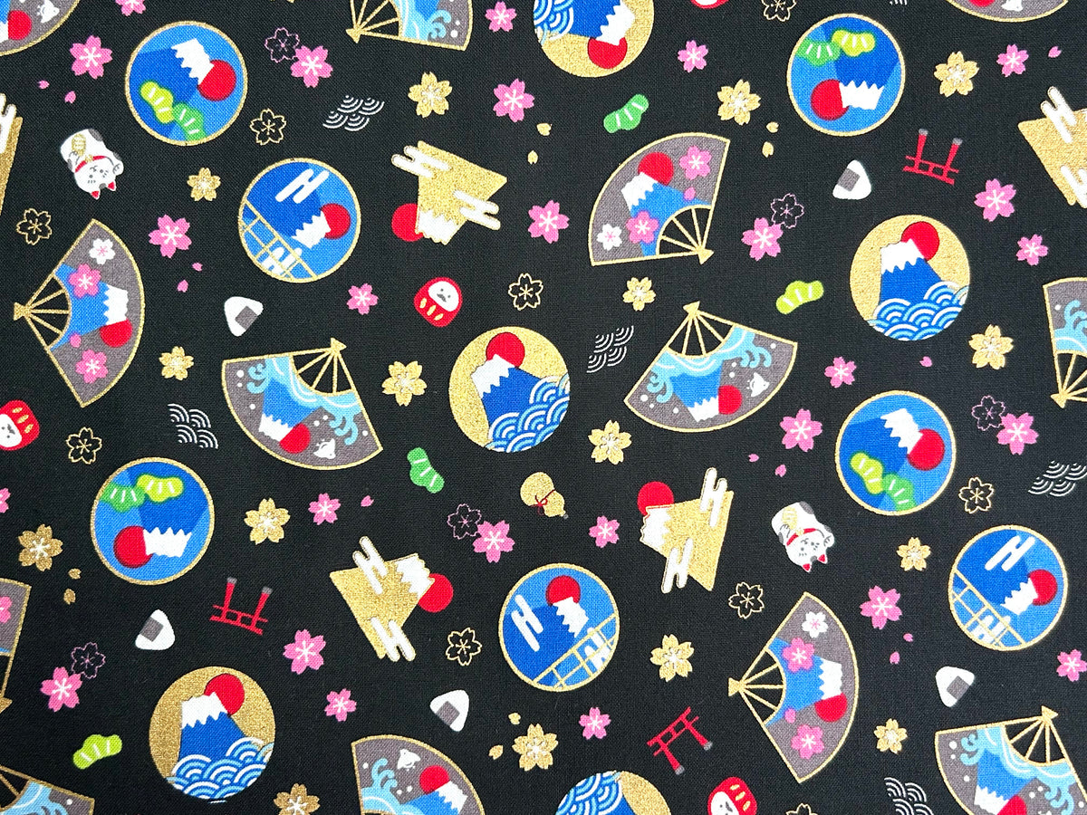 Japanese Cotton Fabric – Mount Fuji, Sakura & Maneki Neko