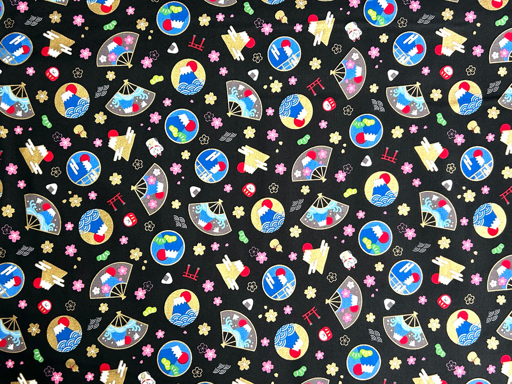 Japanese Cotton Fabric – Mount Fuji, Sakura & Maneki Neko