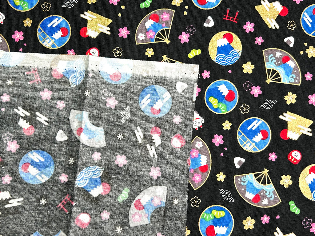 Japanese Cotton Fabric – Mount Fuji, Sakura & Maneki Neko