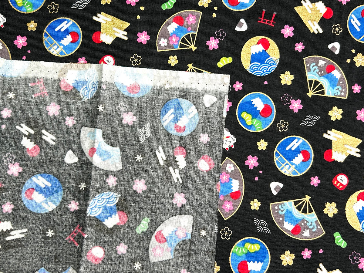 Japanese Cotton Fabric – Mount Fuji, Sakura & Maneki Neko