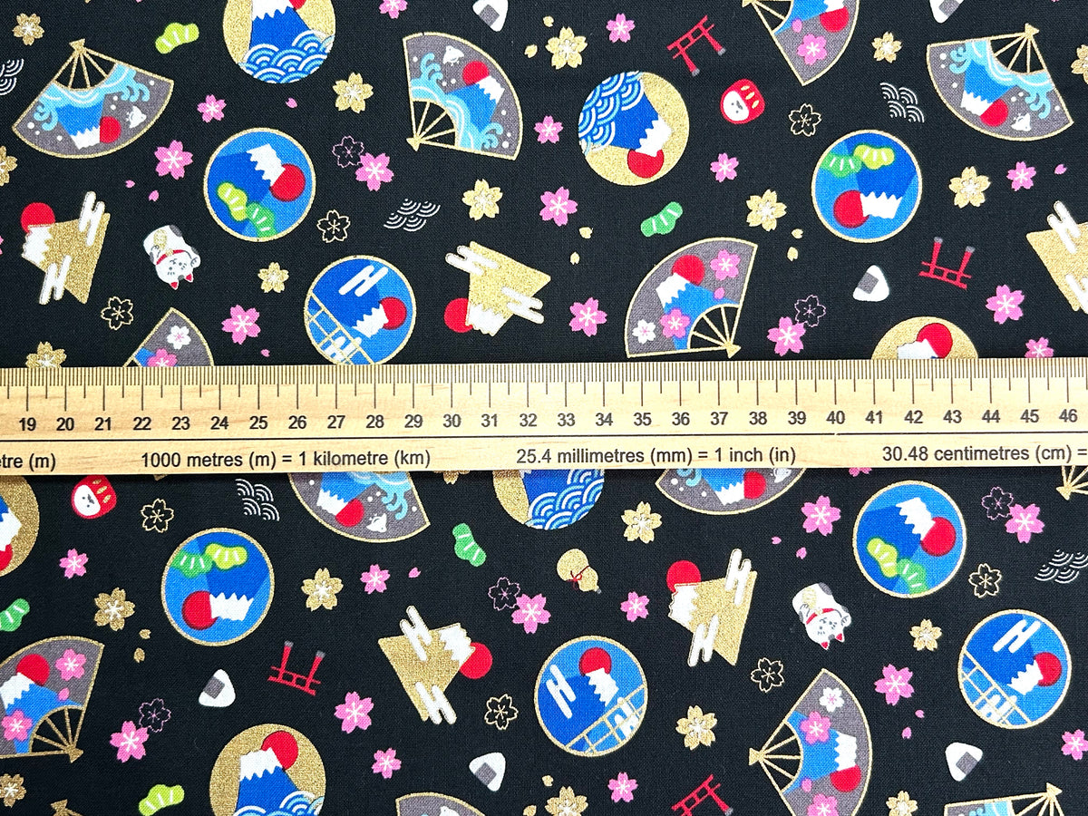 Japanese Cotton Fabric – Mount Fuji, Sakura & Maneki Neko