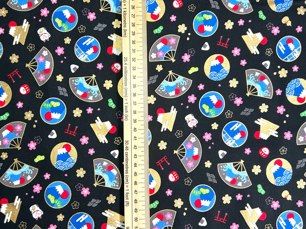 Japanese Cotton Fabric – Mount Fuji, Sakura & Maneki Neko