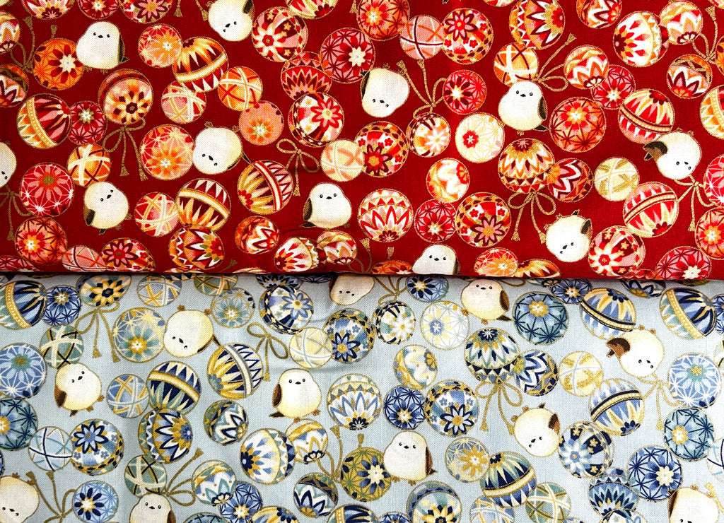 Japanese Cotton Fabric – Shimaenaga Birds & Temari Balls