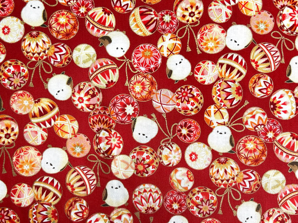Japanese Cotton Fabric – Shimaenaga Birds & Temari Balls
