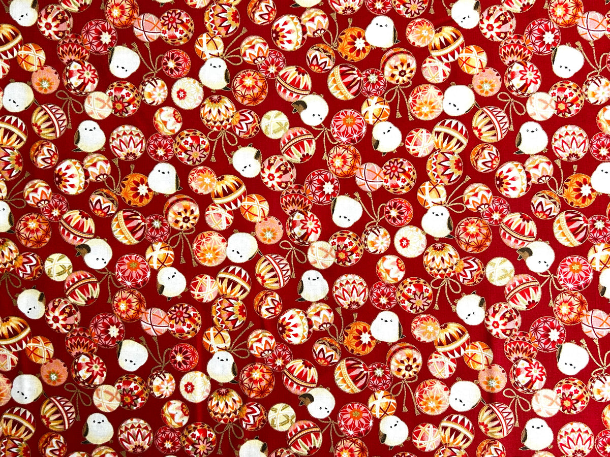 Japanese Cotton Fabric – Shimaenaga Birds & Temari Balls