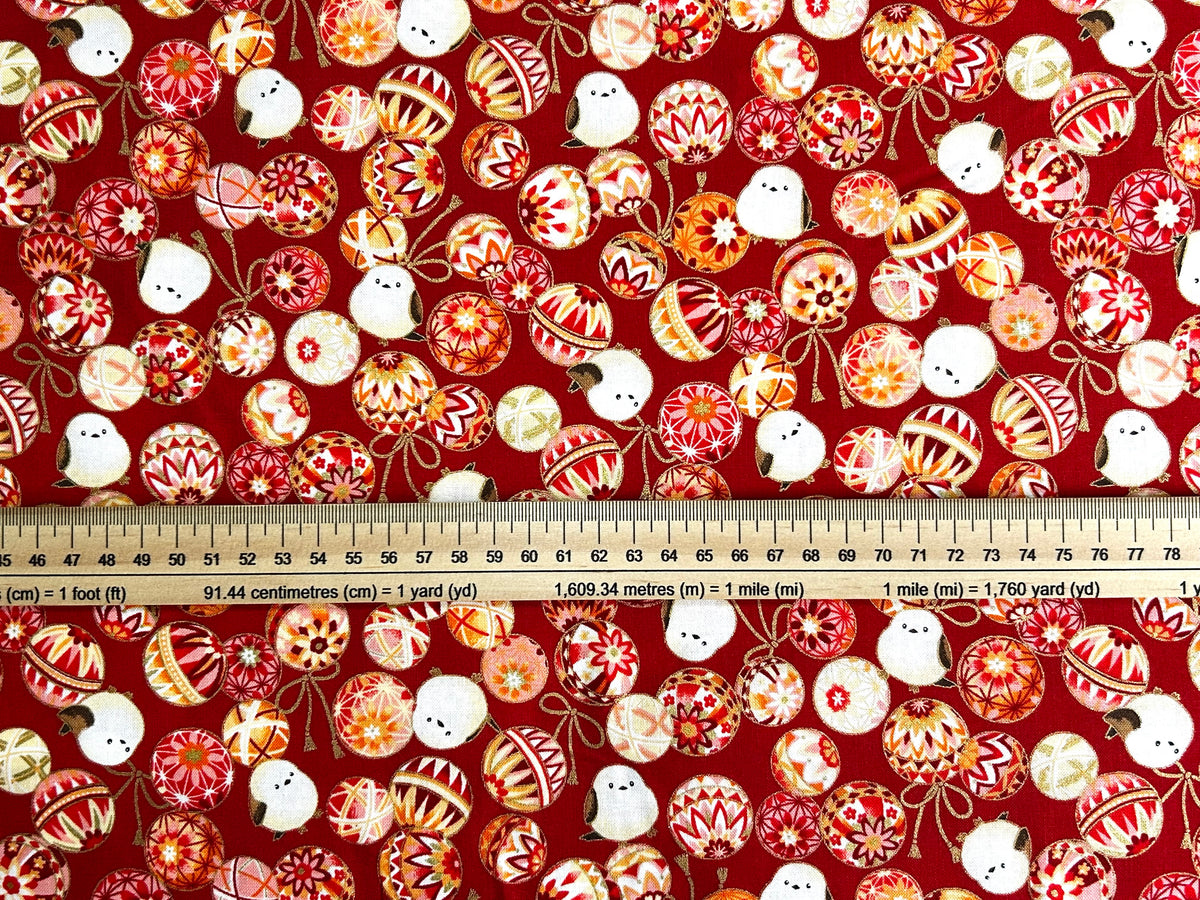 Japanese Cotton Fabric – Shimaenaga Birds & Temari Balls