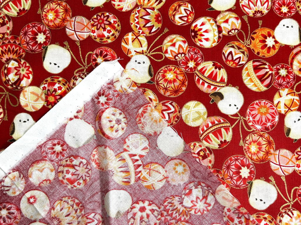 Japanese Cotton Fabric – Shimaenaga Birds & Temari Balls