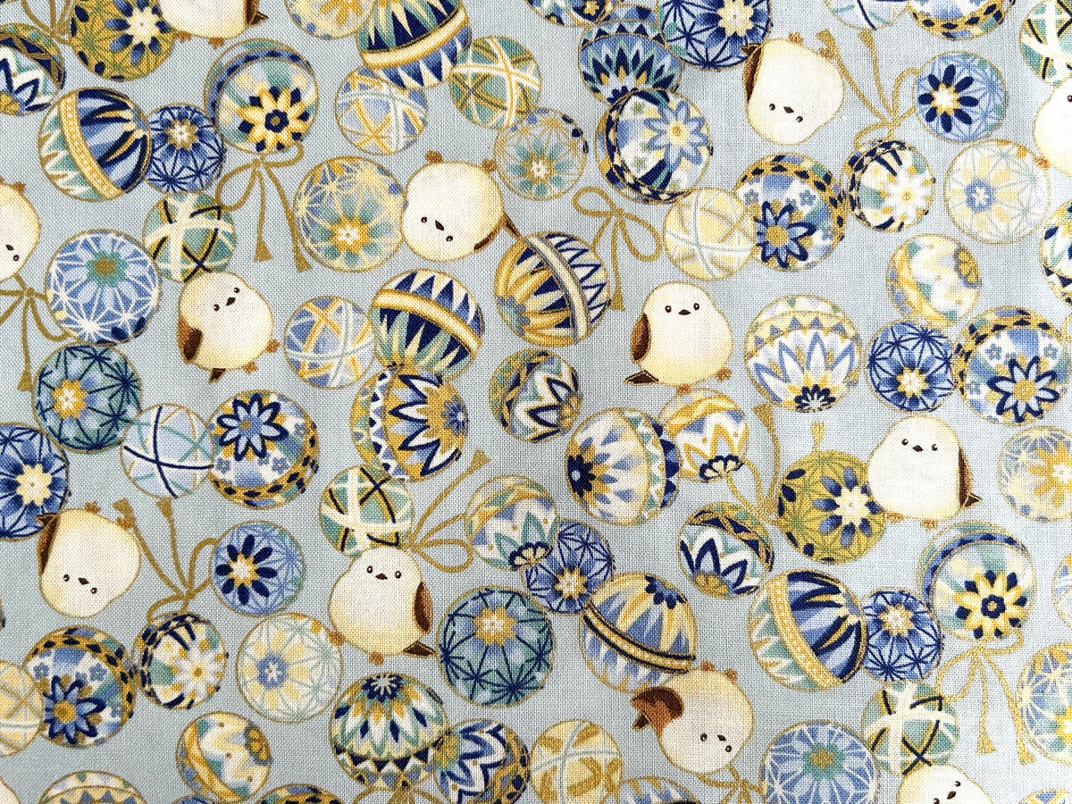 Japanese Cotton Fabric – Shimaenaga Birds & Temari Balls