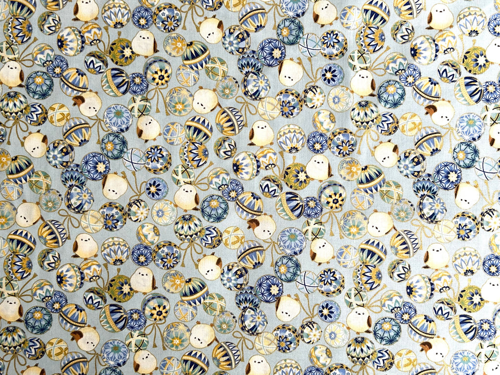 Japanese Cotton Fabric – Shimaenaga Birds & Temari Balls