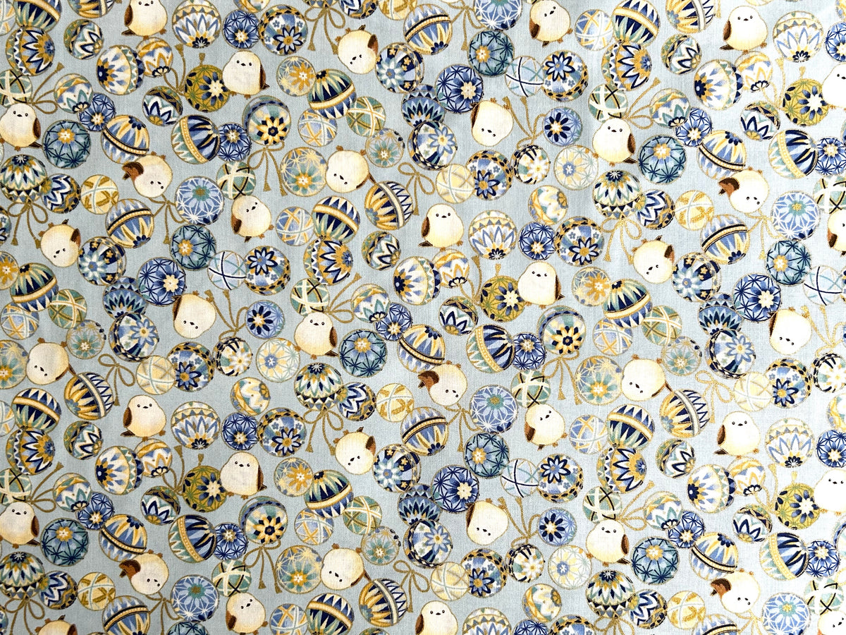 Japanese Cotton Fabric – Shimaenaga Birds & Temari Balls
