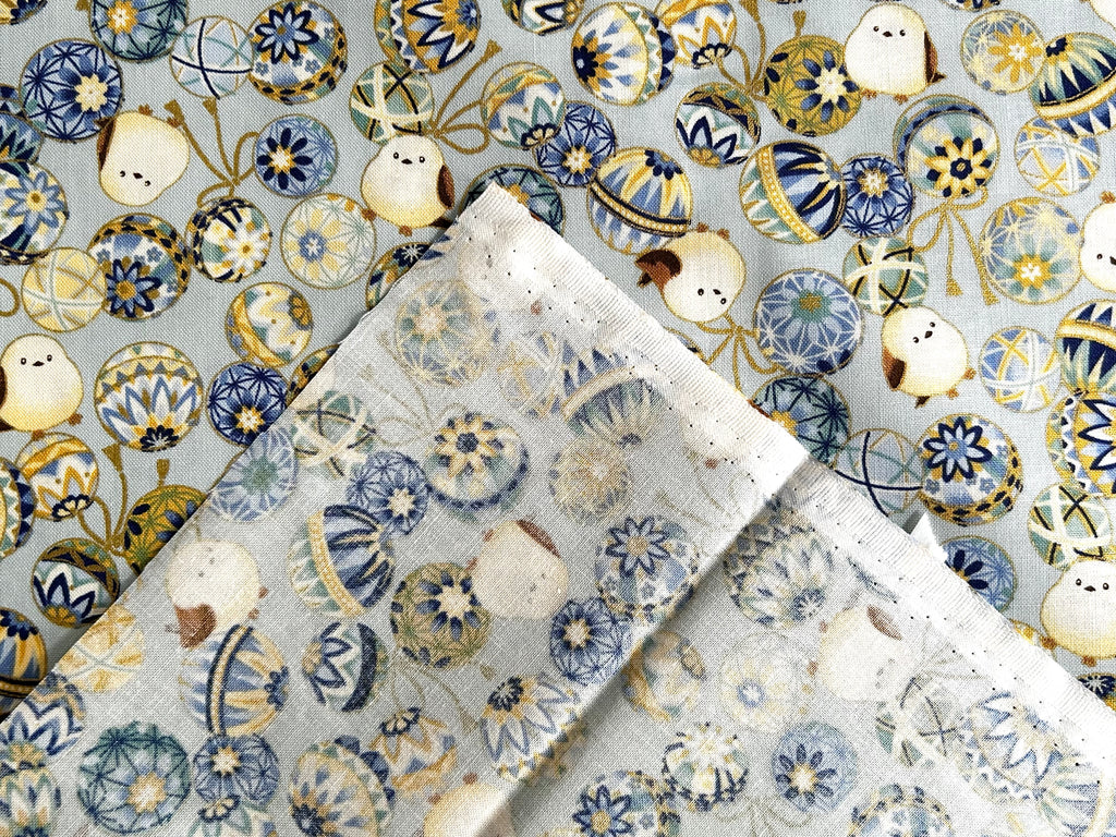 Japanese Cotton Fabric – Shimaenaga Birds & Temari Balls